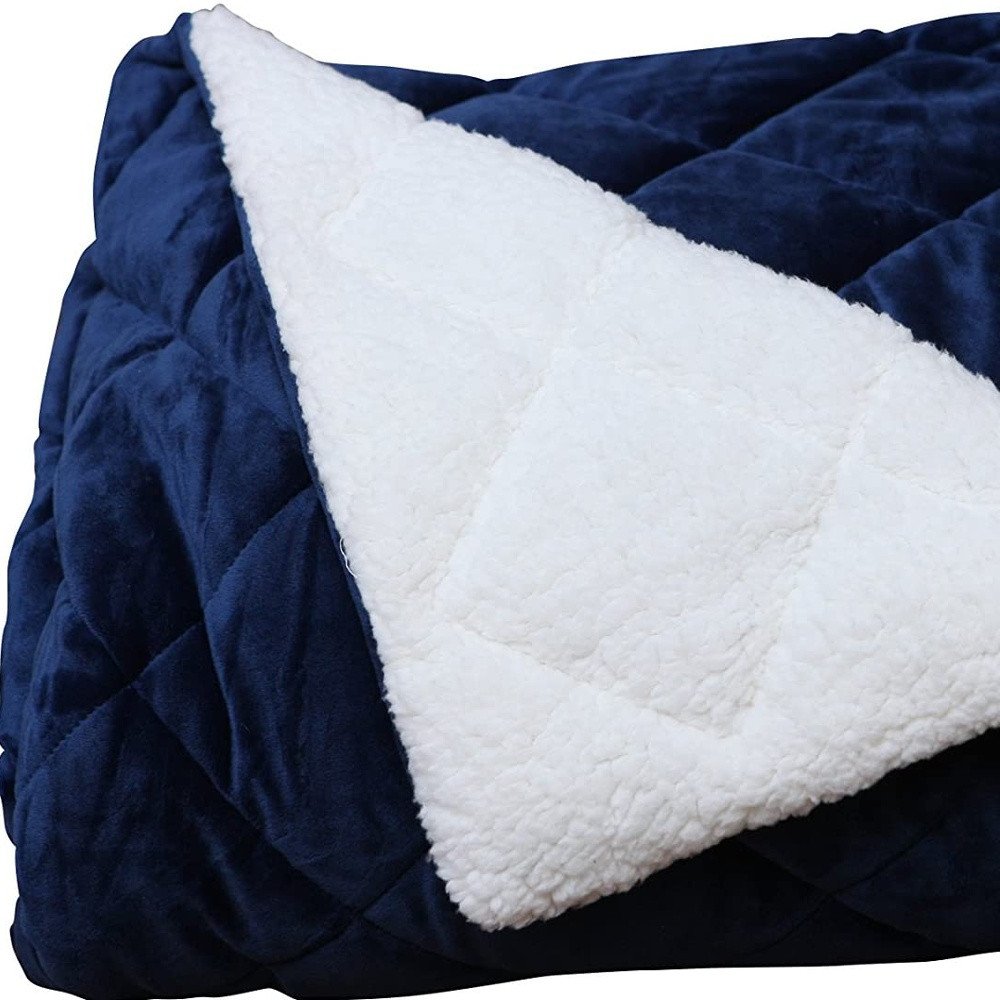 60" X 80" Navy Blue Fleece And Microfiber Quilted Plush Throw Blanket