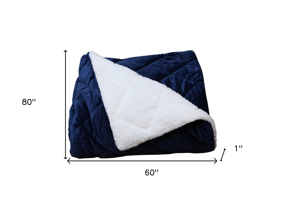 60" X 80" Navy Blue Fleece And Microfiber Quilted Plush Throw Blanket