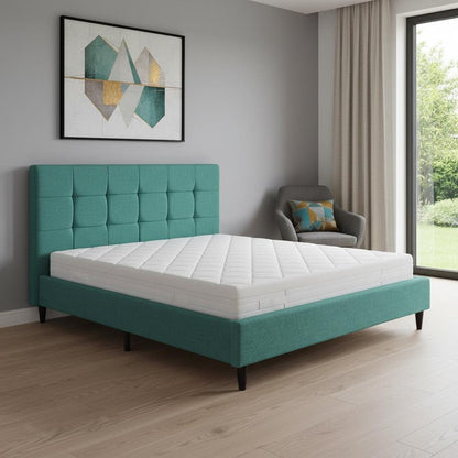 California King Blue Modern Upholstered Square Stitched Platform Bed