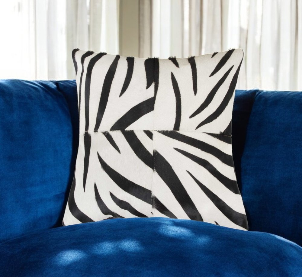 18" Black and White Zebra Print Cowhide Throw Pillow