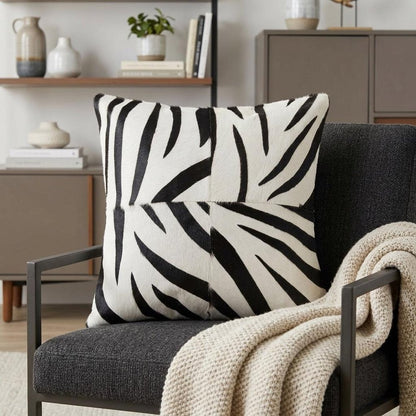 18" Black and White Zebra Print Cowhide Throw Pillow