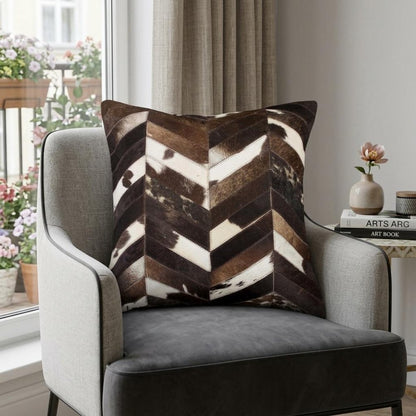 18" Brown and Off White Chevron Cowhide Throw Pillow