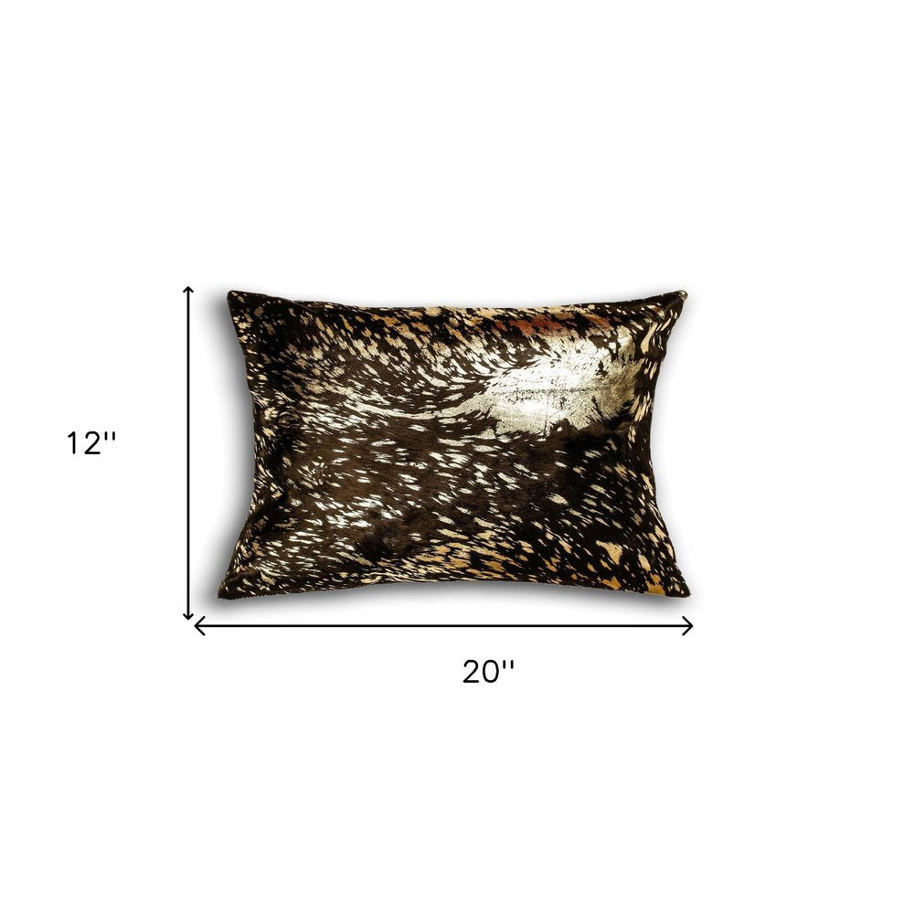 12" X 20" X 5" Chocolate And Gold Cowhide  Pillow