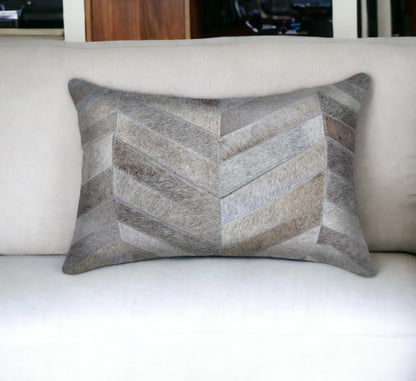 12" X 20" Black and Off White Chevron Cowhide Throw Pillow