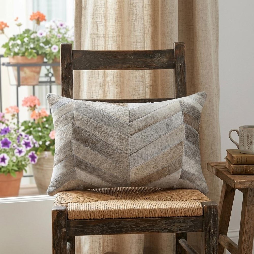 12" X 20" Black and Off White Chevron Cowhide Throw Pillow