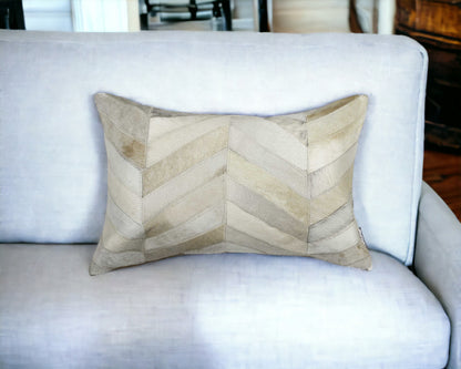 12" X 20" Black and Off White Chevron Cowhide Throw Pillow