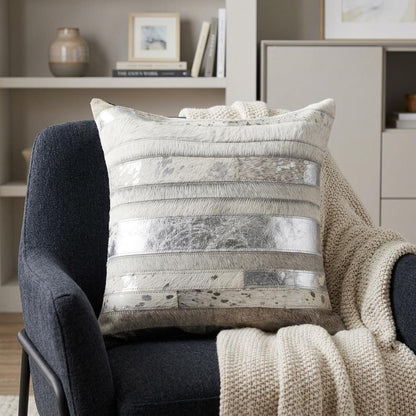 18" Gray and Silver Striped Cowhide Throw Pillow