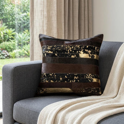 18" Brown and Gold Abstract Cowhide Throw Pillow