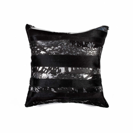 18" Black And Silver Striped Cowhide Throw Pillow