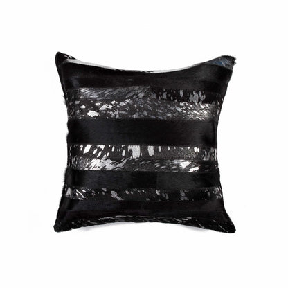 18" Black And Silver Striped Cowhide Throw Pillow