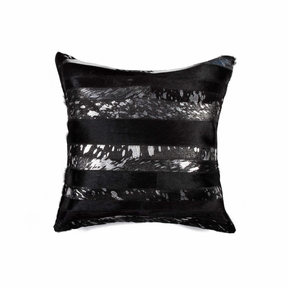 18" Black And Silver Striped Cowhide Throw Pillow
