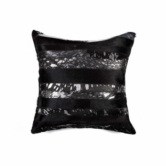 18" Black And Silver Striped Cowhide Throw Pillow