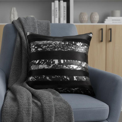18" Black And Silver Striped Cowhide Throw Pillow