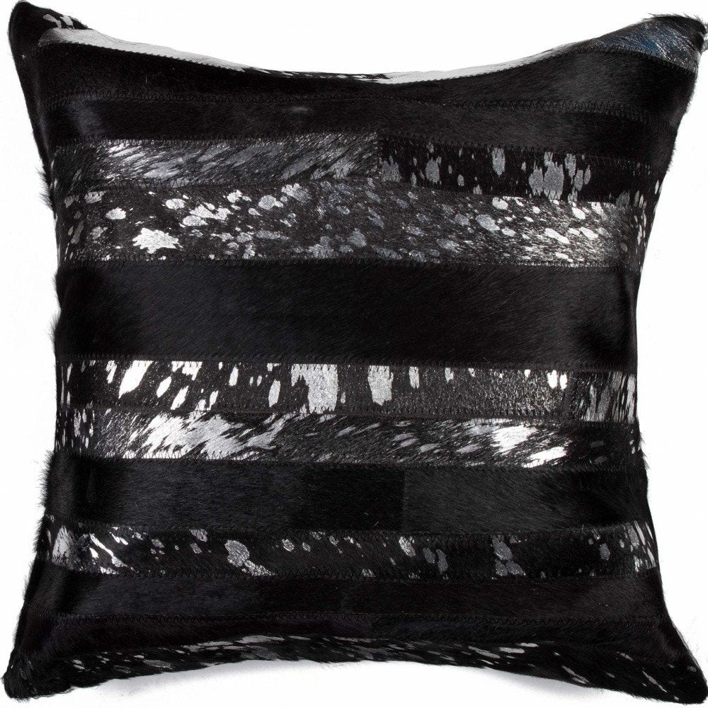 18" Black And Silver Striped Cowhide Throw Pillow