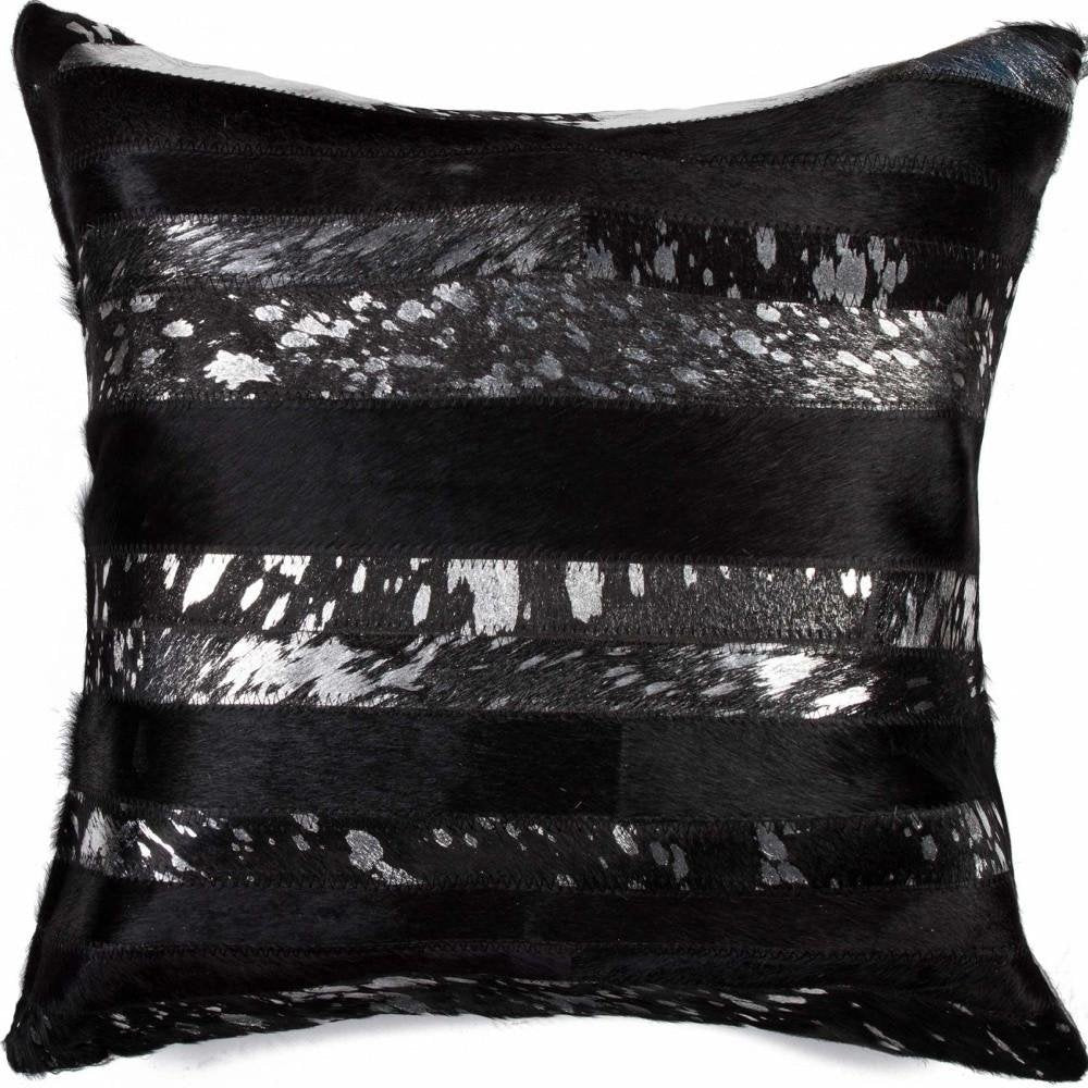 18" Black And Silver Striped Cowhide Throw Pillow