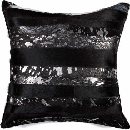 18" Black And Silver Striped Cowhide Throw Pillow