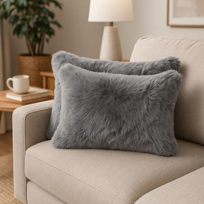 12" X 20" X 5" Gray Sheepskin  Pillow 2 Pack