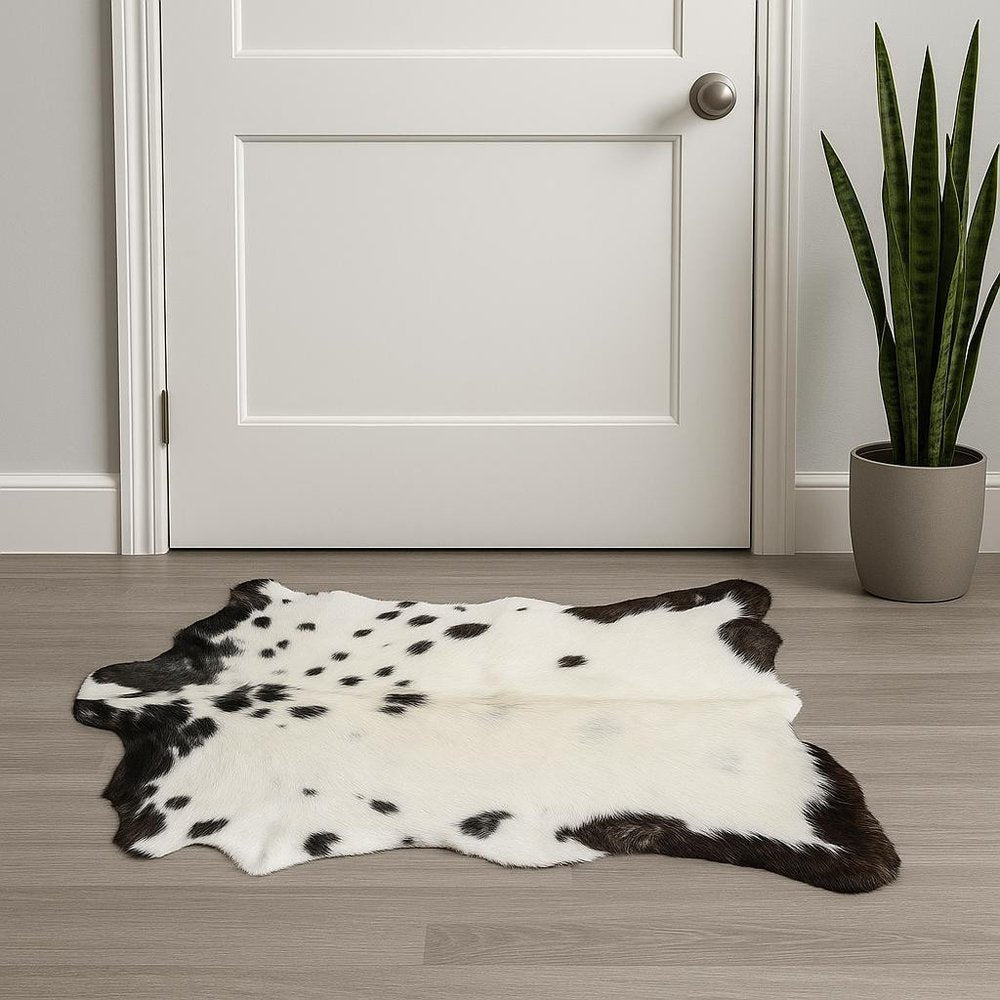 2' X 3' Black And White Cowhide Cowhide Print Hand Woven Area Rug