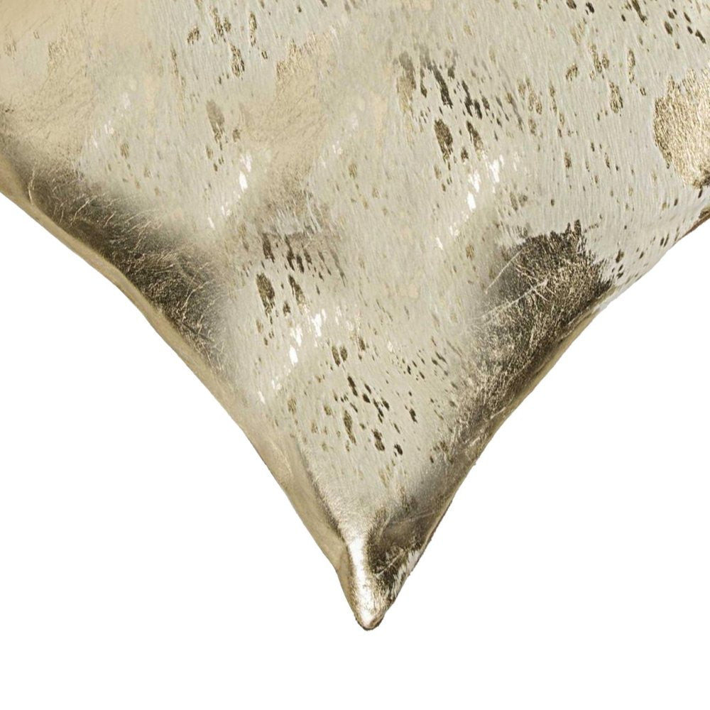 18" Beige And Gold Cowhide Throw Pillow