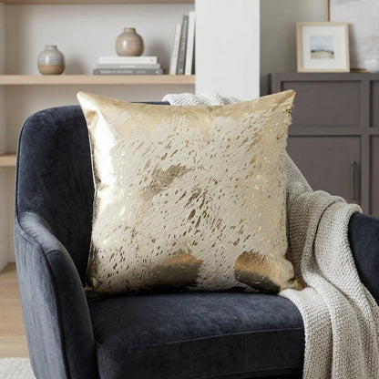 18" Beige And Gold Cowhide Throw Pillow