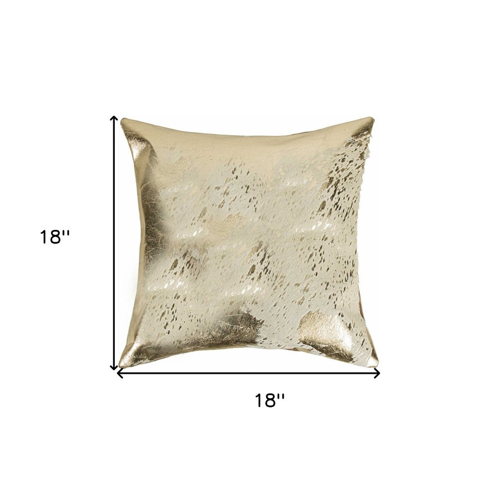 18" Beige And Gold Cowhide Throw Pillow