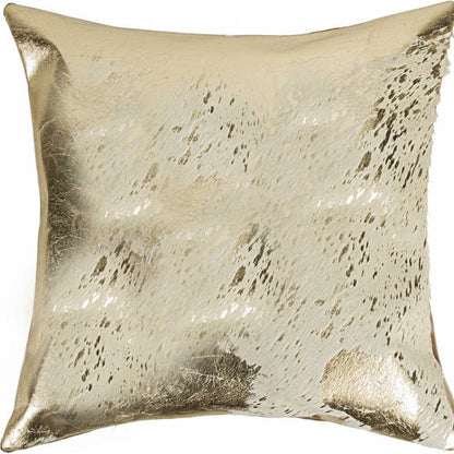 18" Beige And Gold Cowhide Throw Pillow