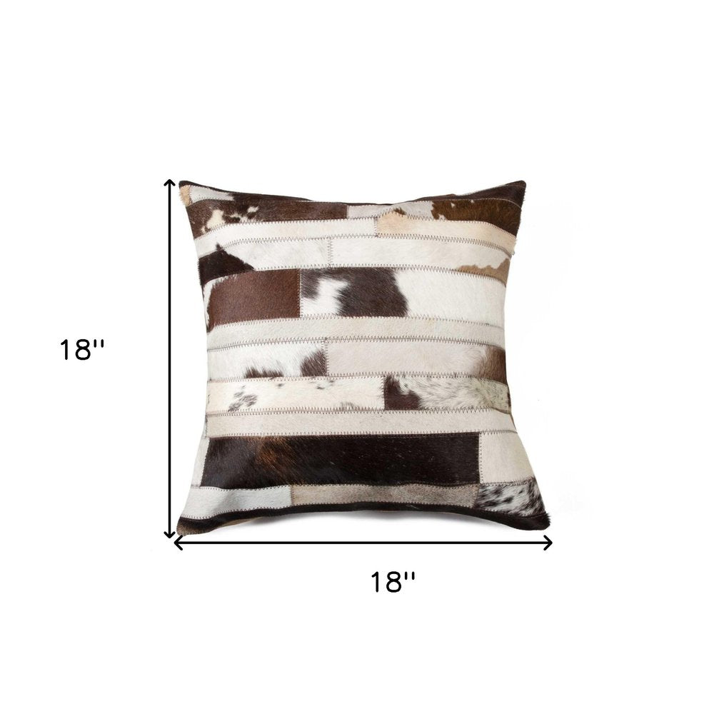 18" Chocolate And Ivory Striped Cowhide Throw Pillow