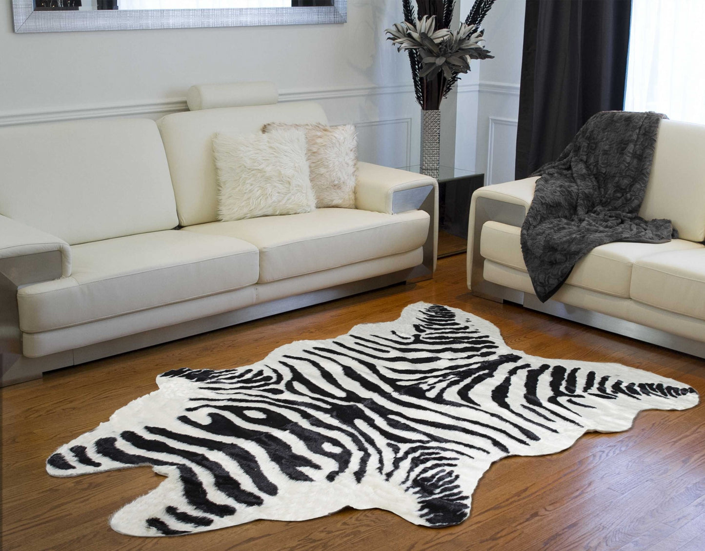 5' X 7' Black and White Faux Cowhide Zebra Print Area Rug