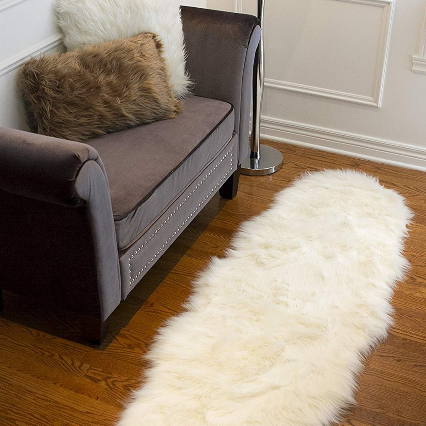 2' X 6' Off White Faux Sheepskin Machine Tufted Non Skid Area Rug