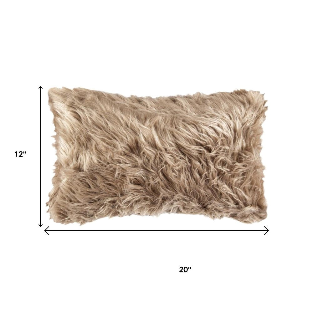 Set of Two 12" X 20" Tan Faux Fur Throw Pillows