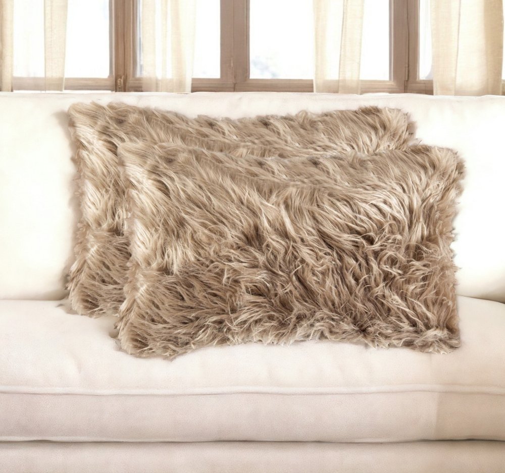 Set of Two 12" X 20" Tan Faux Fur Throw Pillows