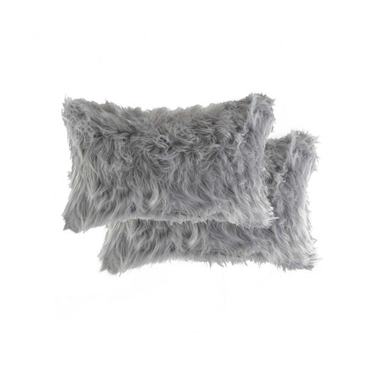 Set of Two 12" X 20" Gray Faux Fur Throw Pillows