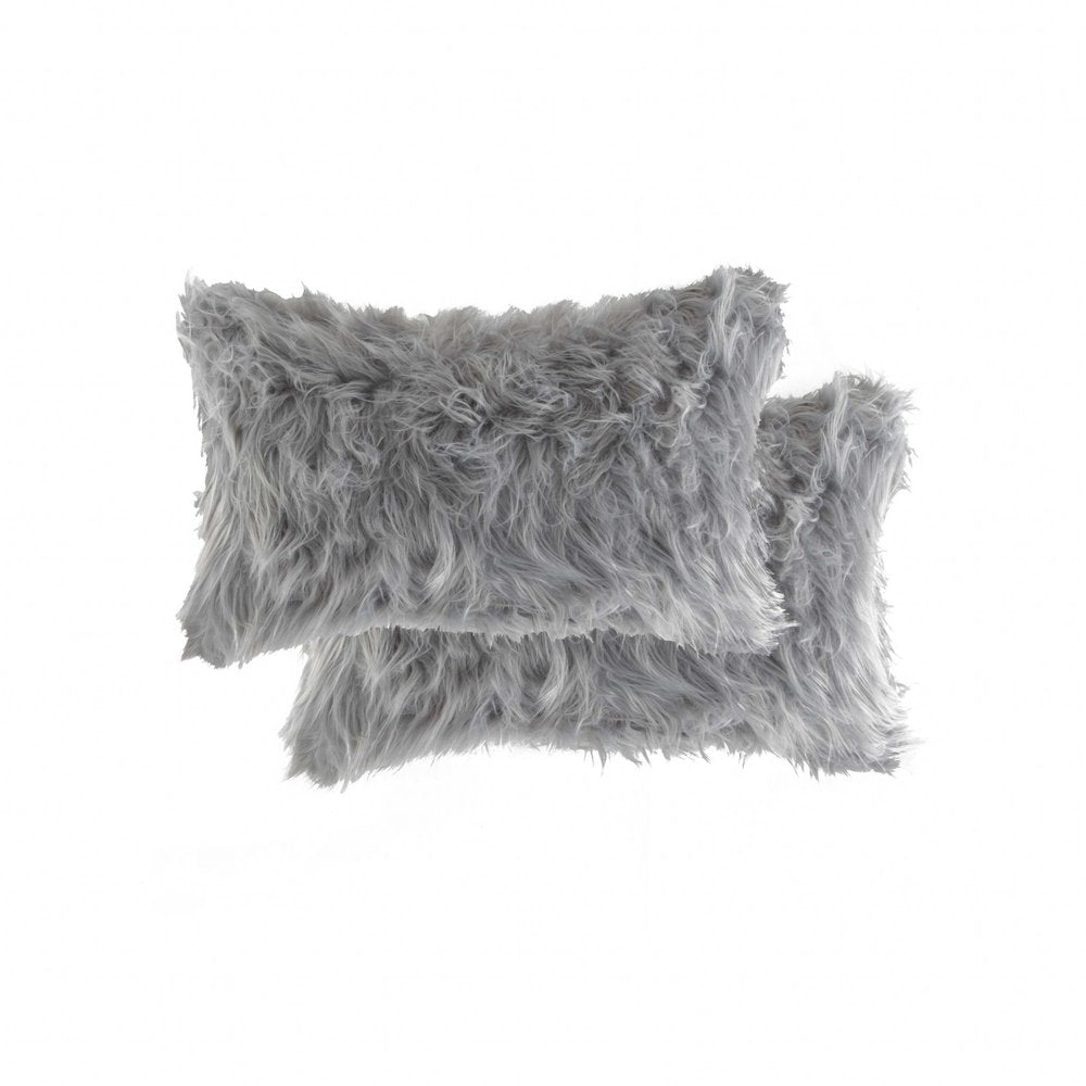 Set of Two 12" X 20" Gray Faux Fur Throw Pillows