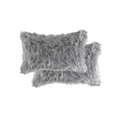 Set of Two 12" X 20" Gray Faux Fur Throw Pillows