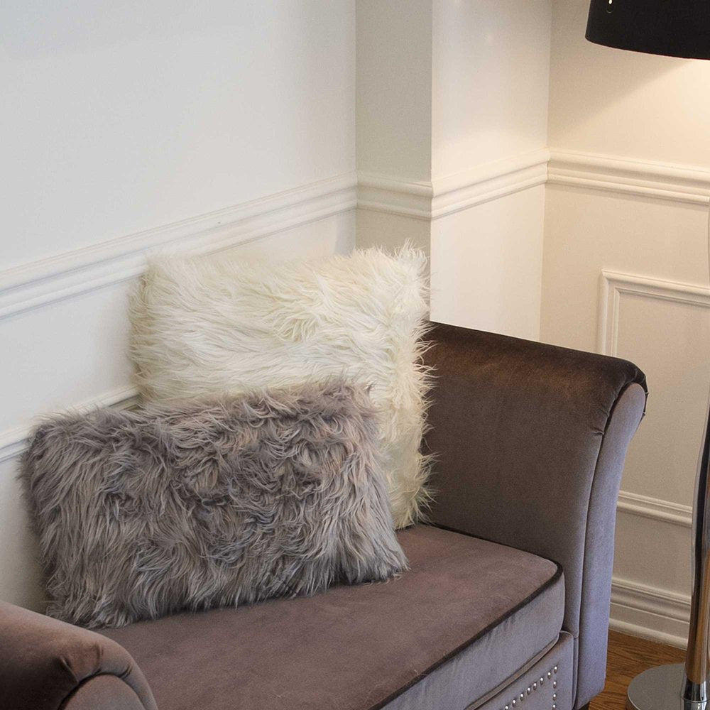 Set of Two 12" X 20" Gray Faux Fur Throw Pillows