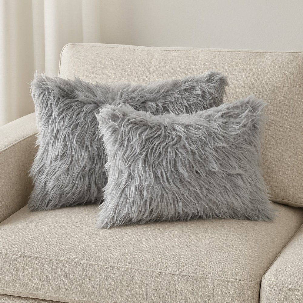 Set of Two 12" X 20" Gray Faux Fur Throw Pillows