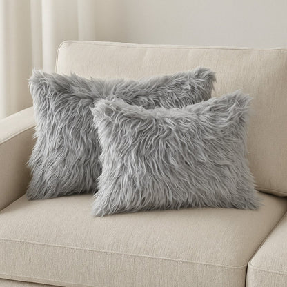 Set of Two 12" X 20" Gray Faux Fur Throw Pillows