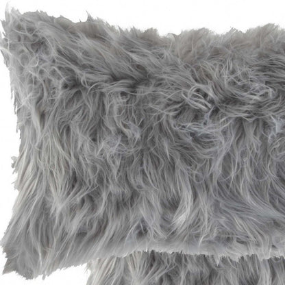Set of Two 12" X 20" Gray Faux Fur Throw Pillows