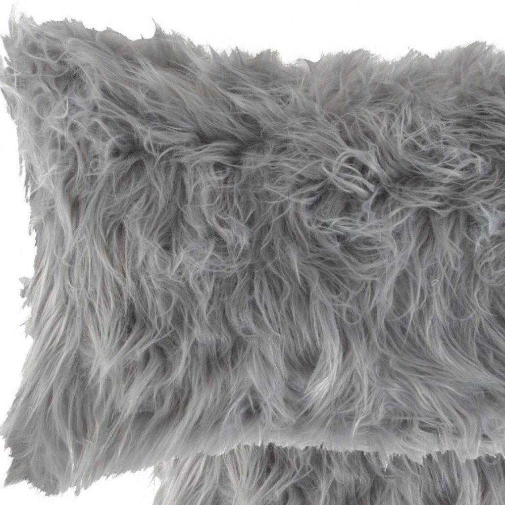 Set of Two 12" X 20" Gray Faux Fur Throw Pillows