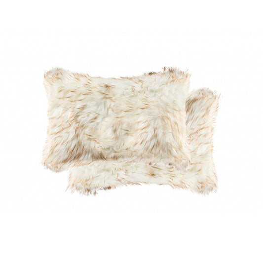 Set of Two 12" X 20" Tan Ombre Faux Fur Throw Pillows