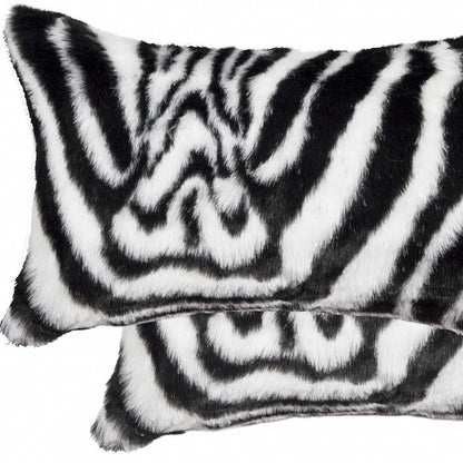 Set of Two 12" X 20" Black and White Faux Fur Throw Pillow