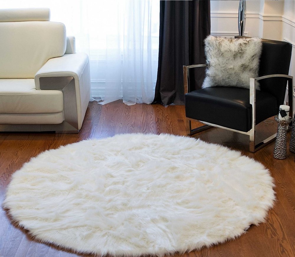 6' X 6' Off White Faux Fur Shag Washable Round Rug