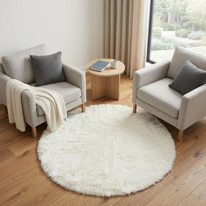 6' X 6' Off White Faux Fur Shag Washable Round Rug