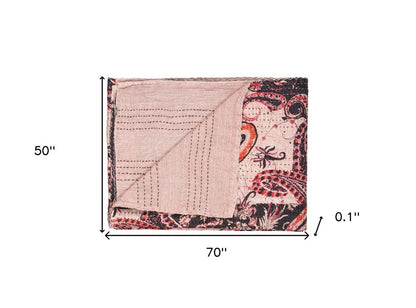 50" X 70" Pink Gray and Blue Kantha Cotton Floral Throw Blanket with Embroidery