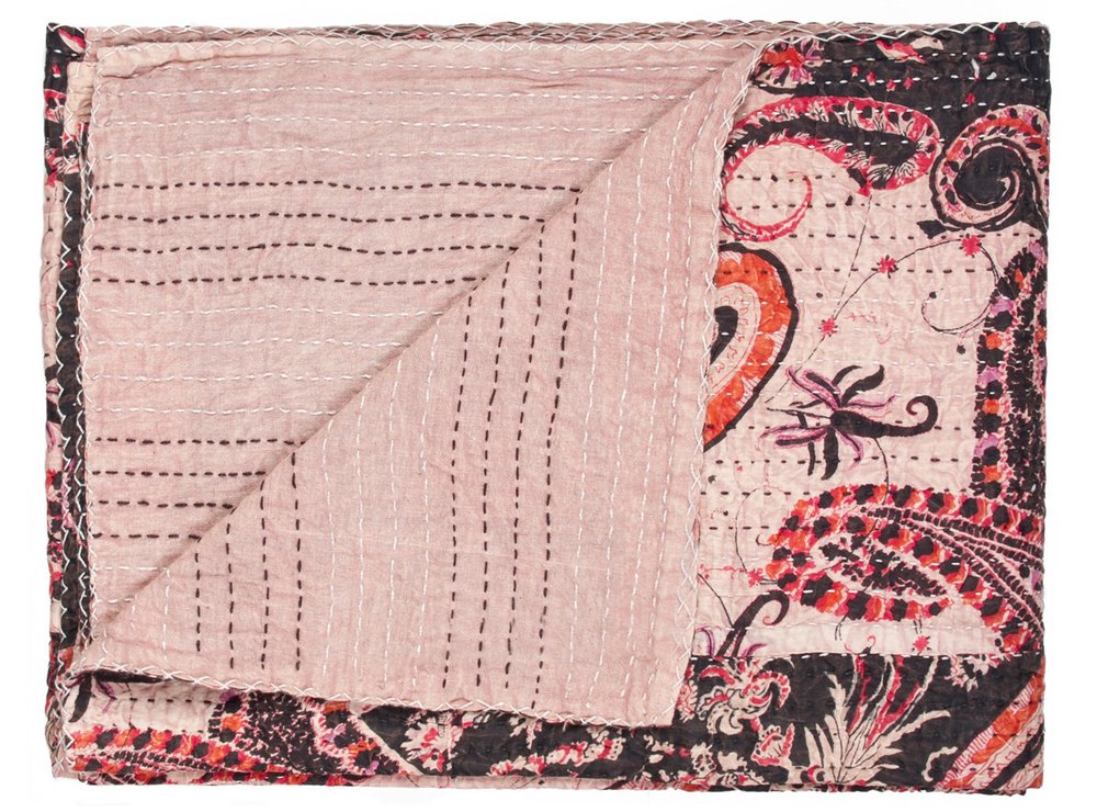 50" X 70" Pink Gray and Blue Kantha Cotton Floral Throw Blanket with Embroidery
