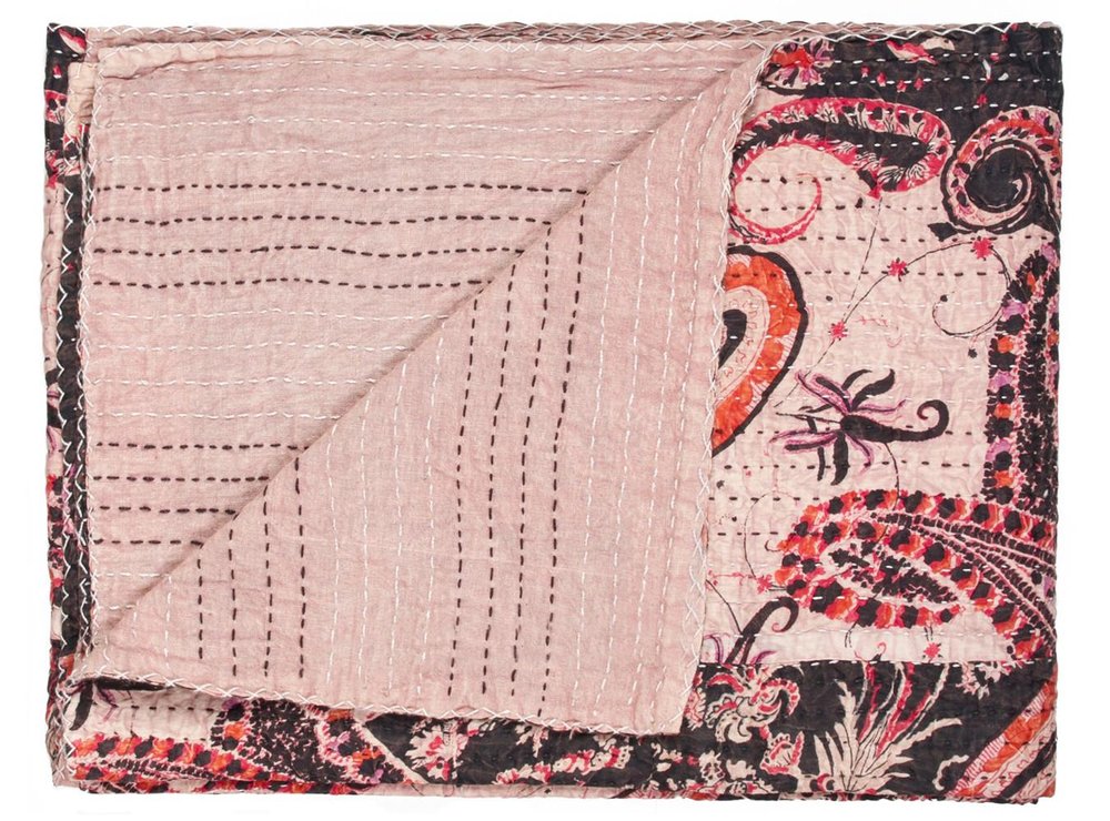 50" X 70" Pink Gray and Blue Kantha Cotton Floral Throw Blanket with Embroidery