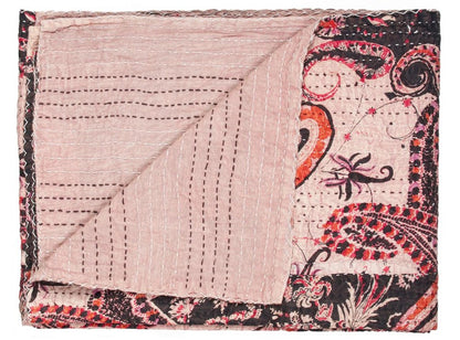 50" X 70" Pink Gray and Blue Kantha Cotton Floral Throw Blanket with Embroidery