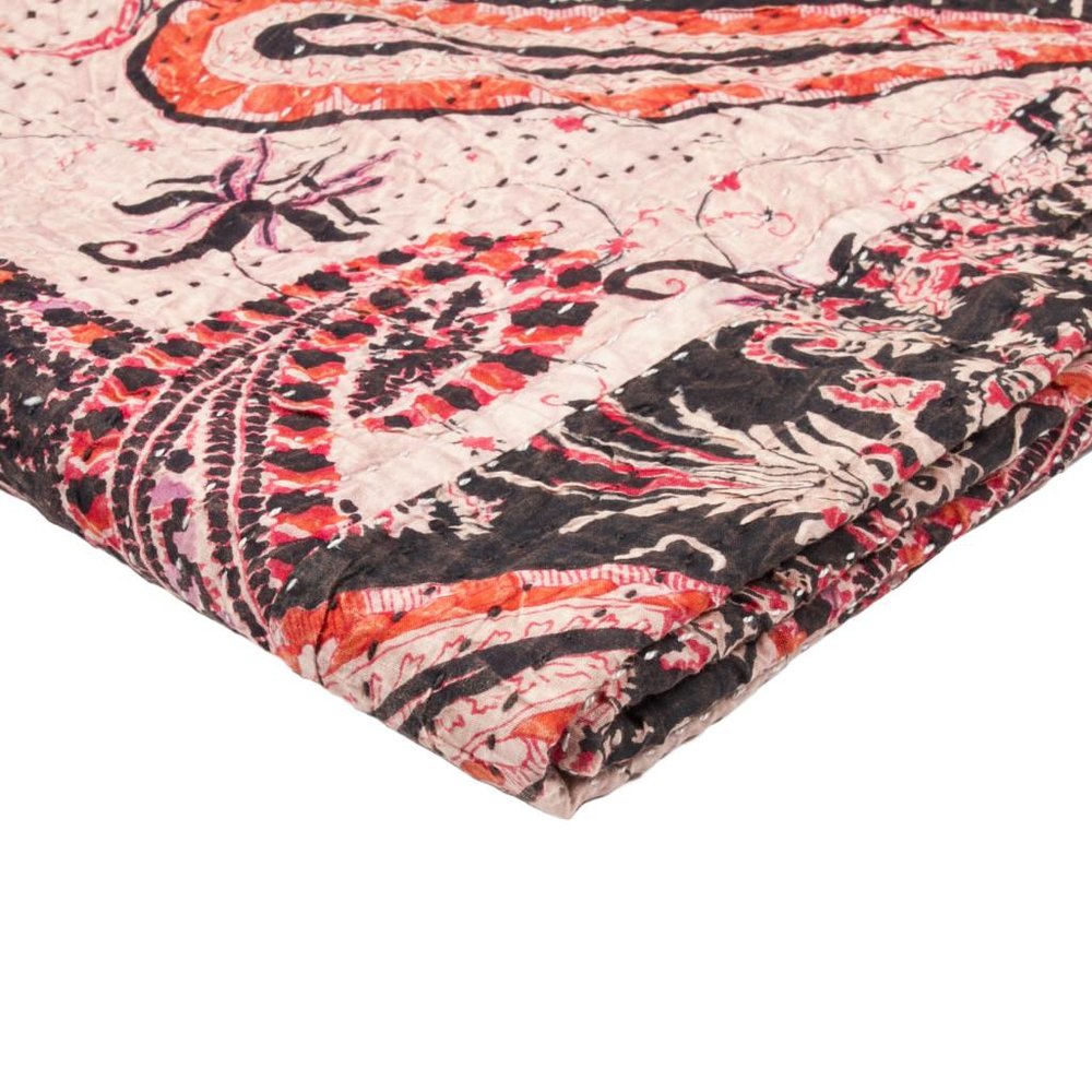 50" X 70" Pink Gray and Blue Kantha Cotton Floral Throw Blanket with Embroidery