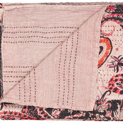 50" X 70" Pink Gray and Blue Kantha Cotton Floral Throw Blanket with Embroidery