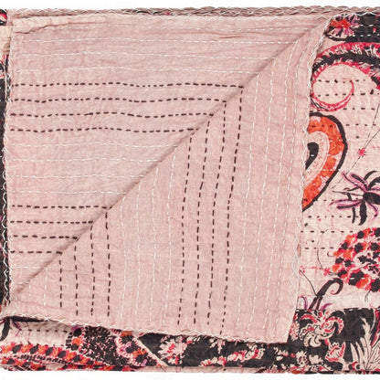 50" X 70" Pink Gray and Blue Kantha Cotton Floral Throw Blanket with Embroidery